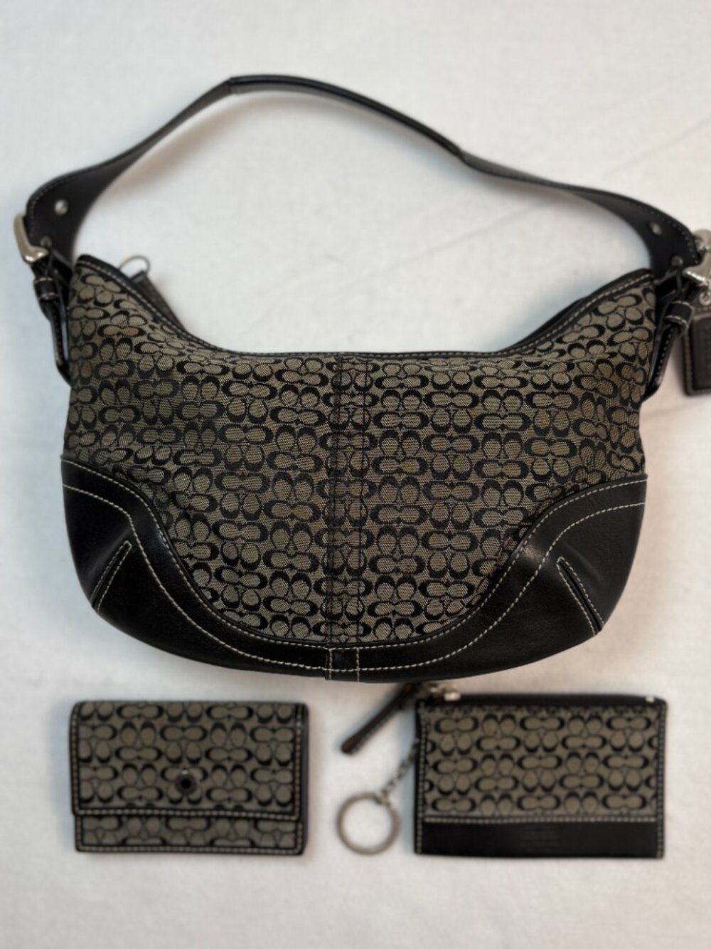 Vintage Coach Soho Signature Black Gray Hobo Bag Wallet Bundle 3 Piece Set Y2K